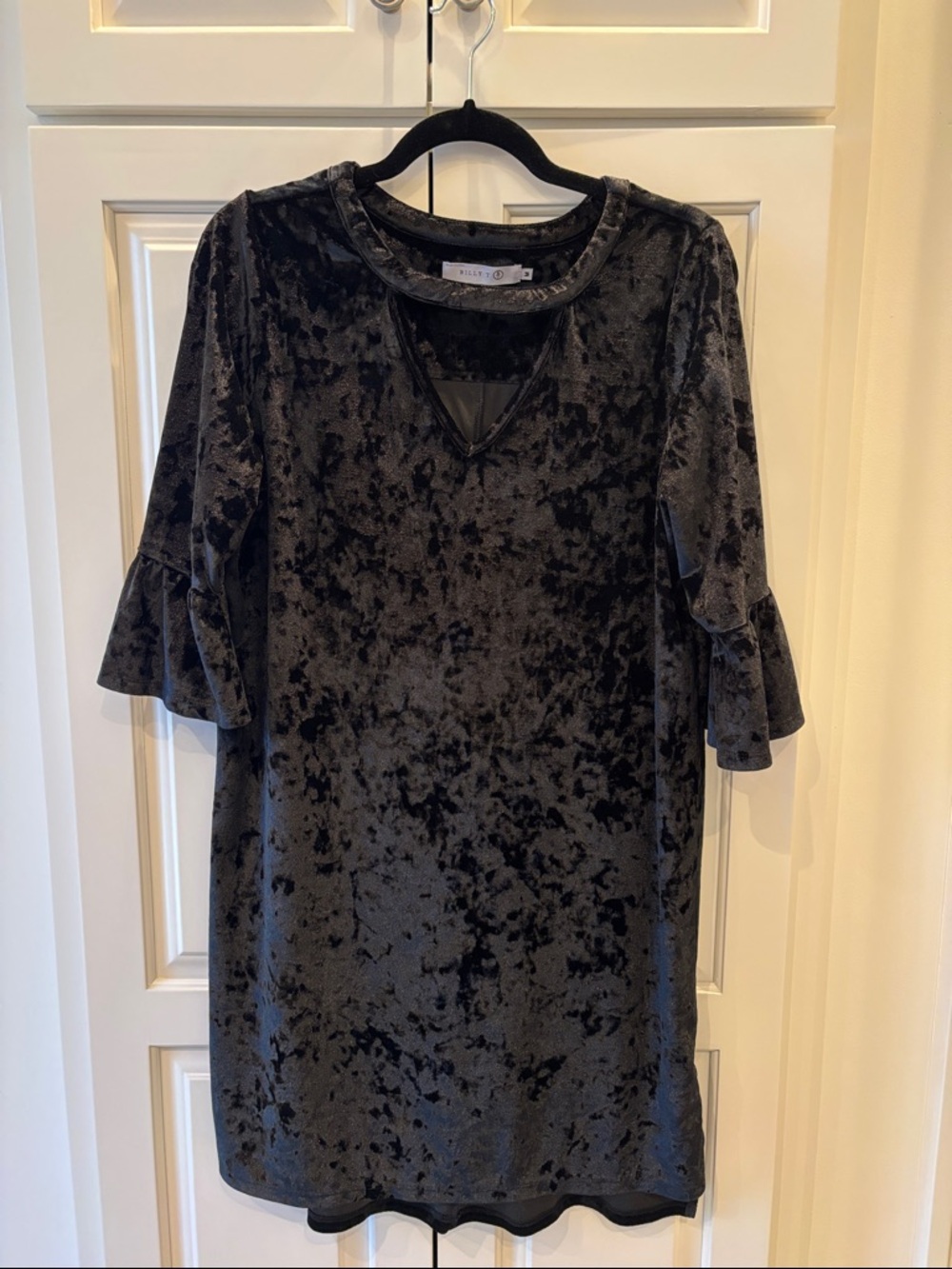 Crushed Velvet Black Ruffle-Sleeve Shift Dress